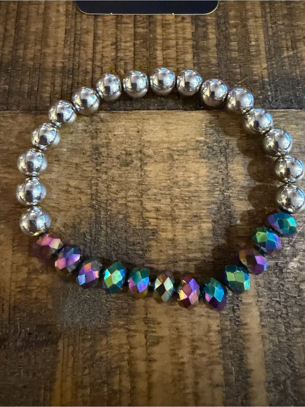 Paparazzi Silver Bracelet with Multicolor Iridescent Faceted oil spilled Beads